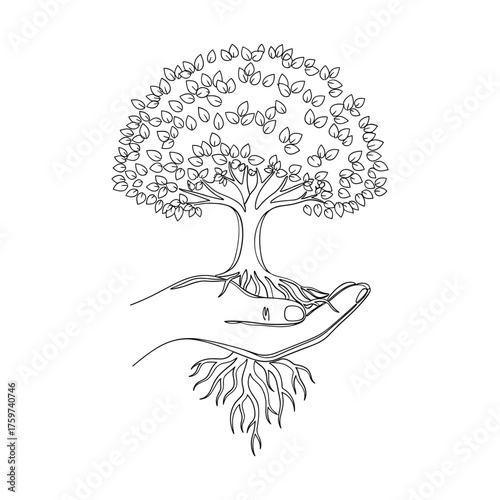 Detailed hand holding a flourishing tree with intricate roots and leaves in black and white sketch