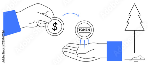 Hand holds dollar coin exchanged for token transferred to another hand with an arrow icon and tree outline. Ideal for payments, cryptocurrency, exchange, finance, transactions, trade, simple flat