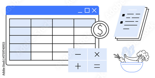 Spreadsheet with financial calculations, dollar icon, checklist, and bowl of vegetables representing budgeting, meal planning, finance management, accounting, expense control, productivity simple
