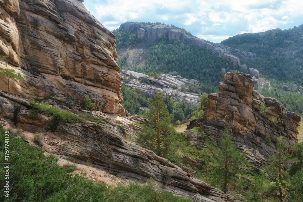 Fototapeta premium The rocky landscape of the Kent Mountains in Central Kazakhstan is the Karkaraly Nature Park with its bizarre rock formations, trees, and blue skies.