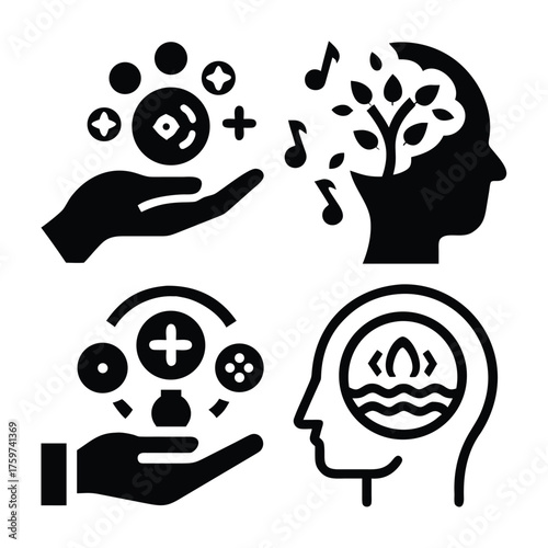 Set of four conceptual icons representing creativity learning and well being