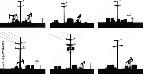 Industrial oil pump jack silhouettes with utility poles, power lines, petroleum extraction equipment, electricity infrastructure, black and white vector illustration