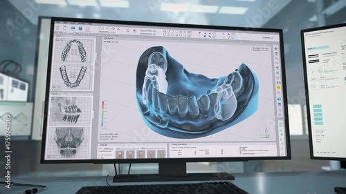 Oral Treatment Procedure Planning In Modern Medical Stomatology Program. Making Dental Restorations For Oral Treatment. Medical 3D Software. Using Artificial Teeth For Oral Treatment. Medical Computer