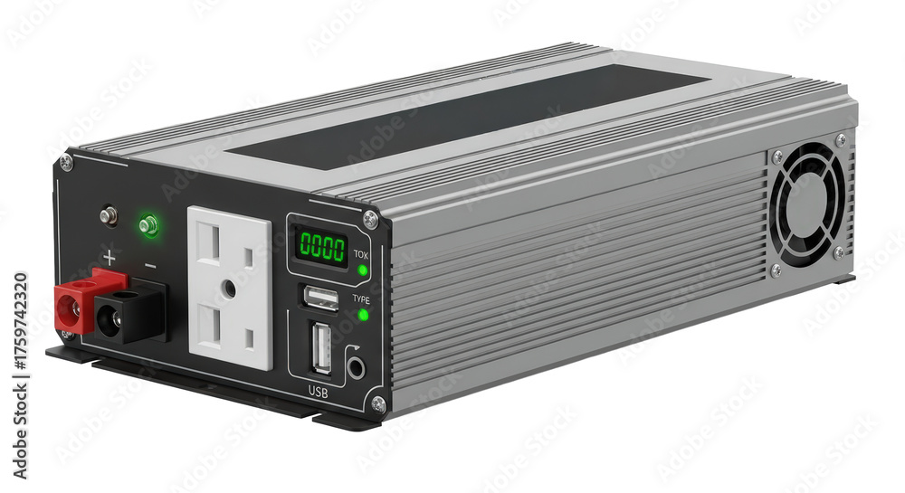 Fototapeta premium Modern power inverter with usb ports and digital display for solar and battery systems isolated on transparent background