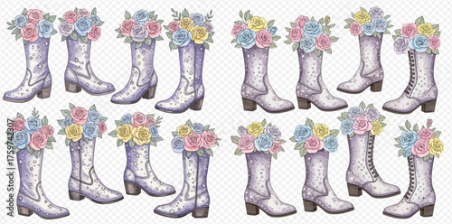 A collection of watercolor illustrations featuring various styles of white boots, each overflowing with charming bouquets of pastel pink, blue, and yellow flowers.