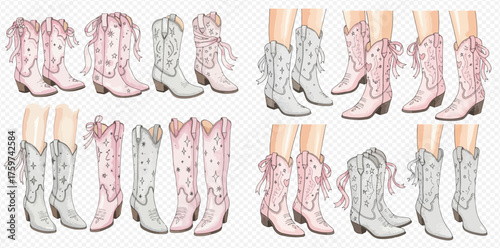 Collection of whimsical pink and grey cowboy boots with ribbons, featuring various styles and heights, some with legs.