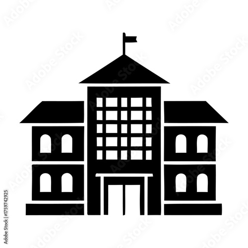 Minimalist Black School Building Icon with Pitched Roof and Flag