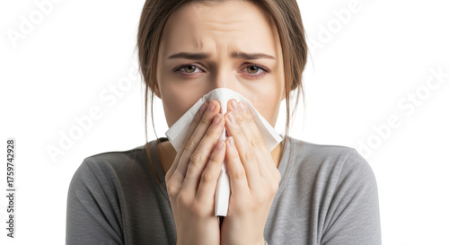 Young woman blowing nose with tissue feeling sick or allergic with sad expression isolated on transparent background