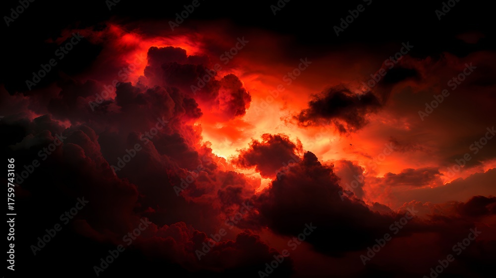Naklejka premium Dramatic fiery red clouds glow intensely against dark sky.