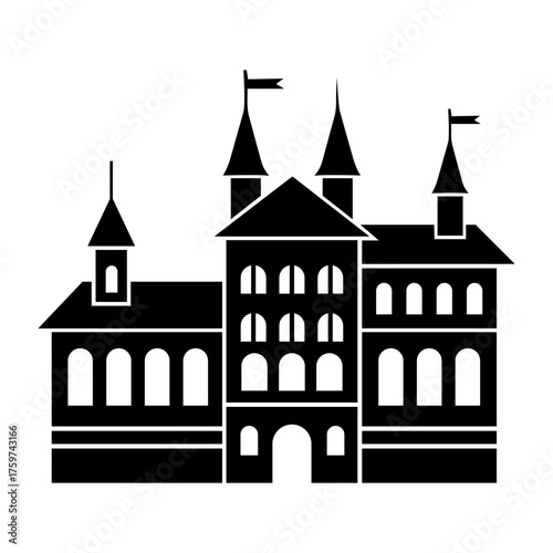 Flat Black Castle Icon with Towers, Flags, and Arched Windows