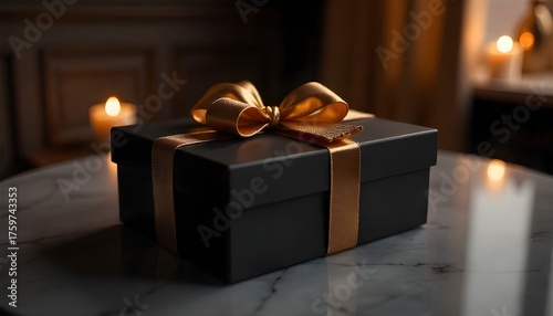 Elegant black gift box with a golden ribbon and sparkling bokeh lights, creating a luxurious festive mood.