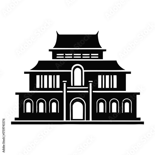 Black and White Traditional Asian Architecture Building Icon Silhouette Vector