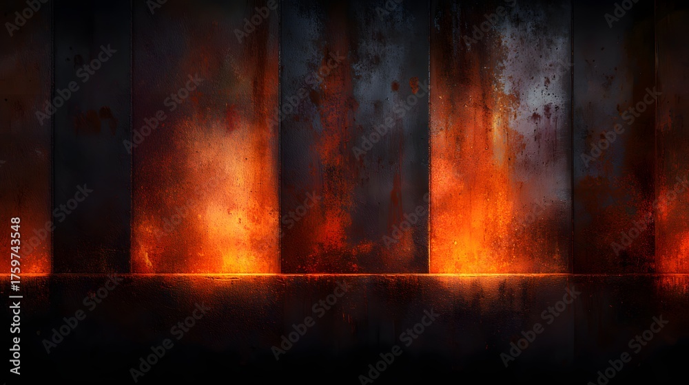 Fototapeta premium Dark metallic surface with glowing orange and red textures.
