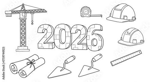 A set of construction industry outline icons for the year 2026, for business planning and development presentations.Transparent Background, Cutout
