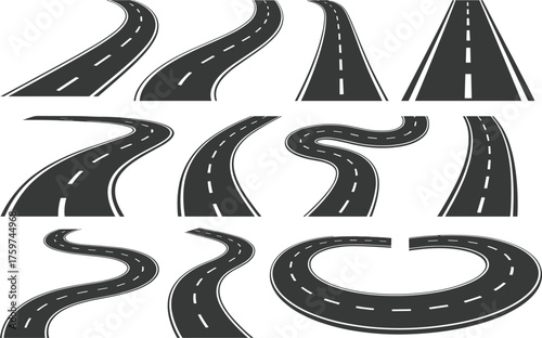 Road Segment Vector Set with Curved, Straight, Loop Paths and Lane Markings for Transportation, Navigation, Driving, and Urban Design Projects