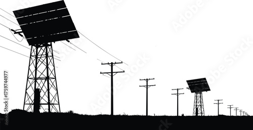 Silhouette of solar panel arrays, electricity transmission poles, renewable energy infrastructure, sustainable power generation, rural landscape, clean technology, eco friendly electricity