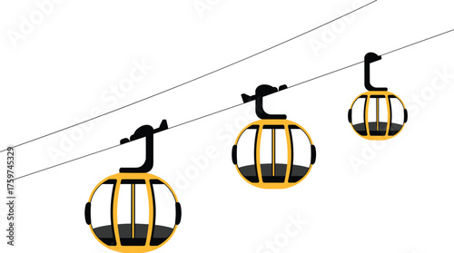 Modern yellow cable car gondola lift vector illustration showing aerial ropeway transportation system for mountain, ski resort, and city travel concept.