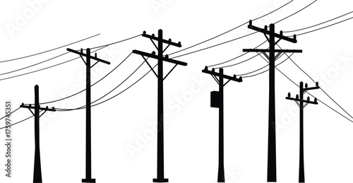 Silhouette of utility poles, electrical power lines, transformer box, urban infrastructure, electricity distribution system, industrial energy network, engineering design, technology background