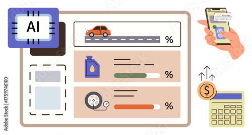 Car diagnostics dashboard with AI chip, mileage tracker, fuel level, tire pressure indicator, smartphone alert, rising cost chart, calculator. Ideal for analytics, automation efficiency IoT