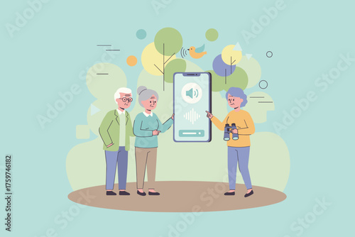 Seniors use a smartphone app for bird sound identification enjoying nature and technology
