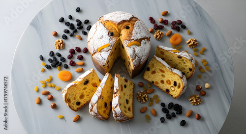 Top view of fruit panettone with dried fruits and nuts, clean modern styling.