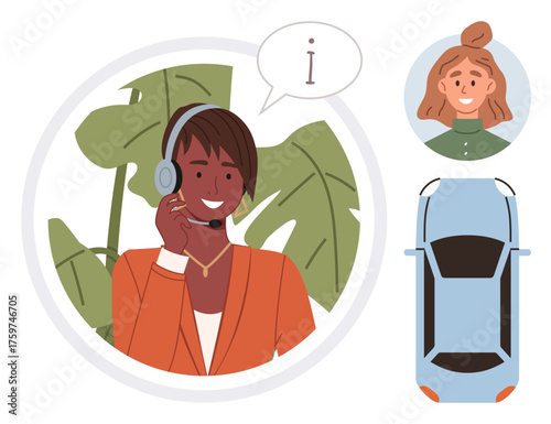 Person wearing headset assisting over call, speech bubble, leafy background, profile of a woman, and overhead car view. Ideal for customer support, communication, assistance, service transportation
