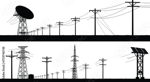 Silhouette of utility poles, transmission towers, satellite dish, solar panel array, electricity grid infrastructure, renewable energy integration, communication and power distribution