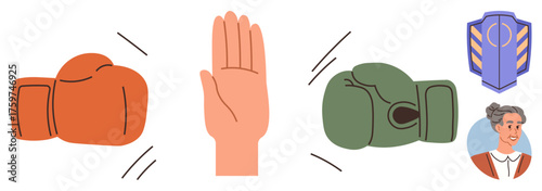 Orange and green boxing gloves clash, halted by a raised hand, symbolizing conflict resolution. Shield signifies protection and balance with a supportive person. Ideal for team building, leadership