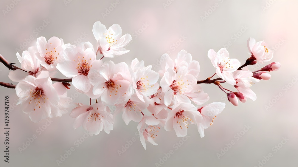 Obraz premium Delicate pink and white blossoms bloom on a thin branch against a soft background.
