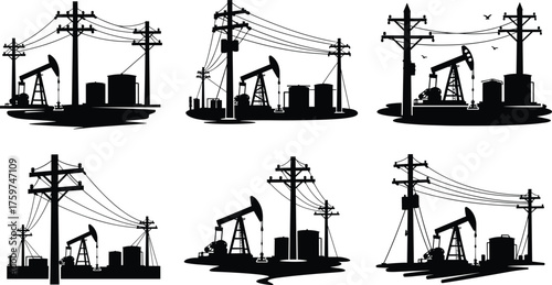 Silhouette oil pump jack illustration with power lines, industrial energy production scene, petroleum extraction equipment, electricity infrastructure, black and white vector