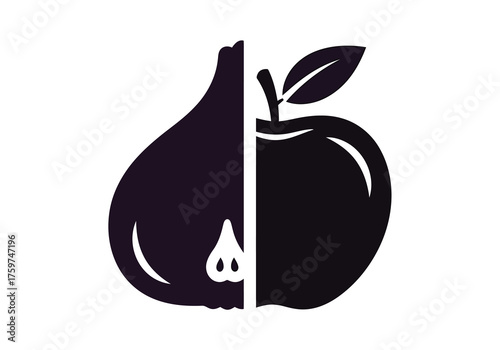 Minimalist Half Pear and Apple Fruit Silhouette Outline Combination Design