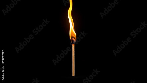 a lit matchstick, showcasing the dancing flame against a dark backdrop