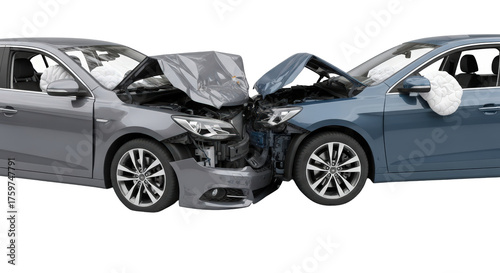 Two modern cars in a severe head-on collision showing significant damage isolated on transparent background