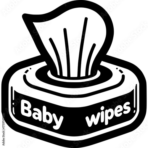 Baby Wipes: A minimalist and illustrative representation of a box of baby wipes, featuring a clean and simple design, emphasizing the functionality and everyday use of the product.