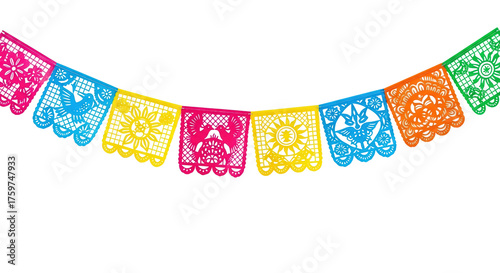 Colorful papel picado banner festive mexican decorations for celebrations and dia de muertos isolated on transparent background