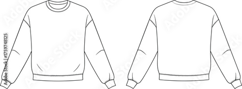 Sweatshirt flat sketch, technical fashion drawing, CAD garment illustration, vector apparel template, crewneck pullover design, front and back view