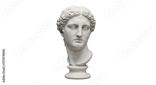 Ancient greek sculpture bust of a goddess or muse in white marble texture isolated on transparent background