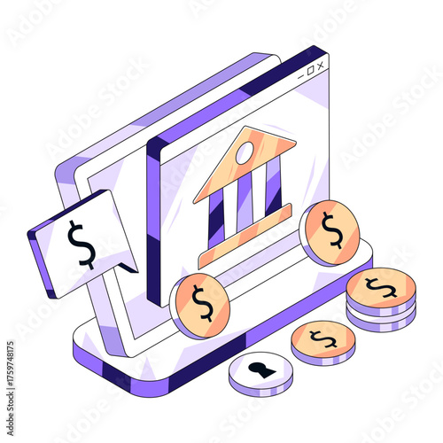 Bank building inside laptop, concept of internet banking icon