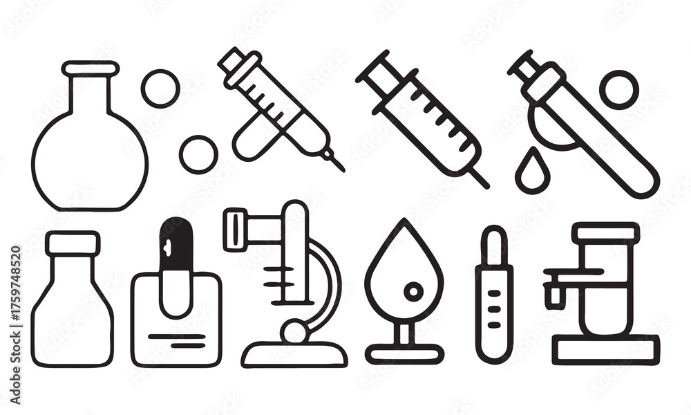 Obraz premium Science and Medical Laboratory Outline Icons Set. Vector Illustration