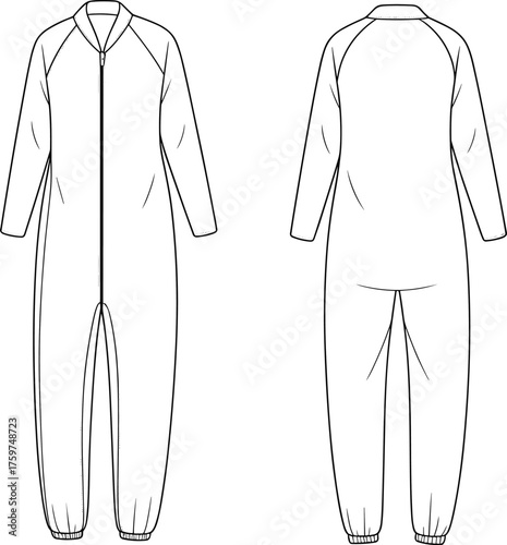 Unisex jumpsuit coverall technical flat sketch with raglan sleeves, zipper front closure, elastic cuffs, cad drawing flat vector illustration template