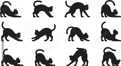 Black Cat Silhouette Vectors Stretching, Arching, and Relaxing Feline Illustrations Set