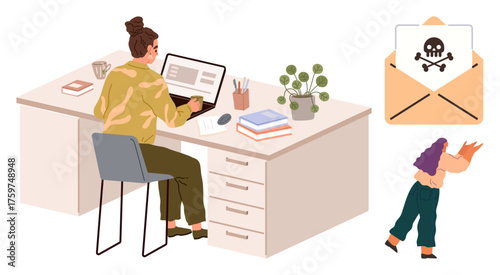 Person working on laptop receives a phishing email while another person reacts anxiously with a device. Ideal for cybersecurity, work stress, safety, digital awareness, phishing, online threats
