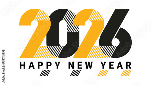 Stylized “2026 HAPPY NEW YEAR” design with bold black and orange numerals, diagonal white stripes, and festive typography for celebration visuals