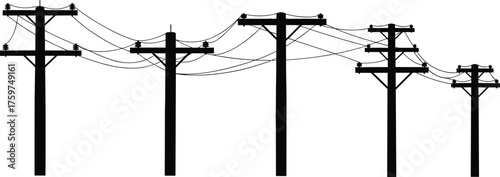 Utility pole silhouette row with crossarms, insulators, sagging power lines, electricity infrastructure, communication poles, black vector illustration, energy distribution design
