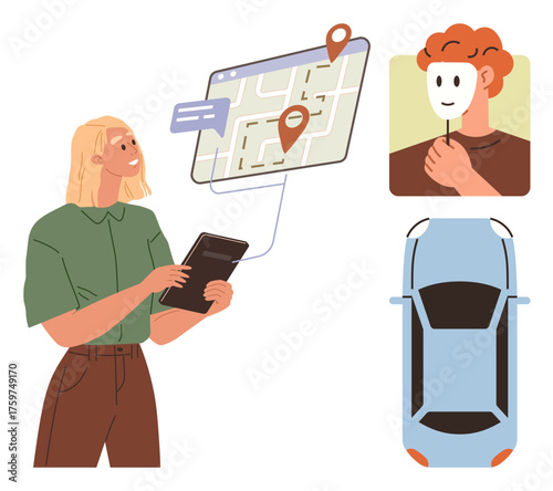 Woman holding tablet, viewing digital map with location pins. Mask signifies anonymity, car represents travel. Ideal for navigation, privacy, location tracking, mobility, identity technology simple