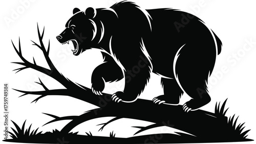 Silhouette vector illustration of a fierce bear standing on a fallen tree branch with grass clipart silhouette vector illustration white background