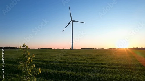 Wind Turbine in Field at Sunset - Renewable Energy Landscape
