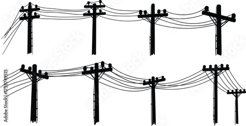 Utility pole silhouettes with electrical power lines, crossarm and insulator variations, electricity distribution infrastructure, black and white vector illustration
