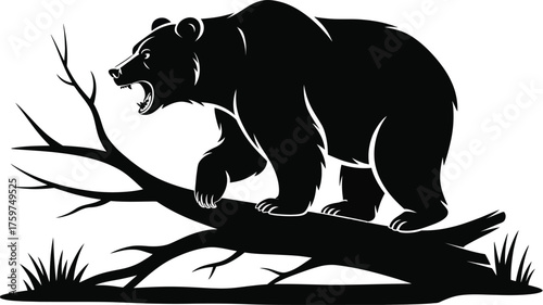 Silhouette illustration of a roaring bear standing on a tree branch vector graphic silhouette vector illustration white background