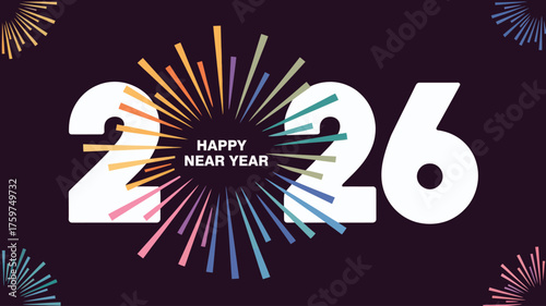 Bold “2026 HAPPY NEW YEAR” design with white typography, dark background, and vibrant radial fireworks bursts for festive celebration visuals
